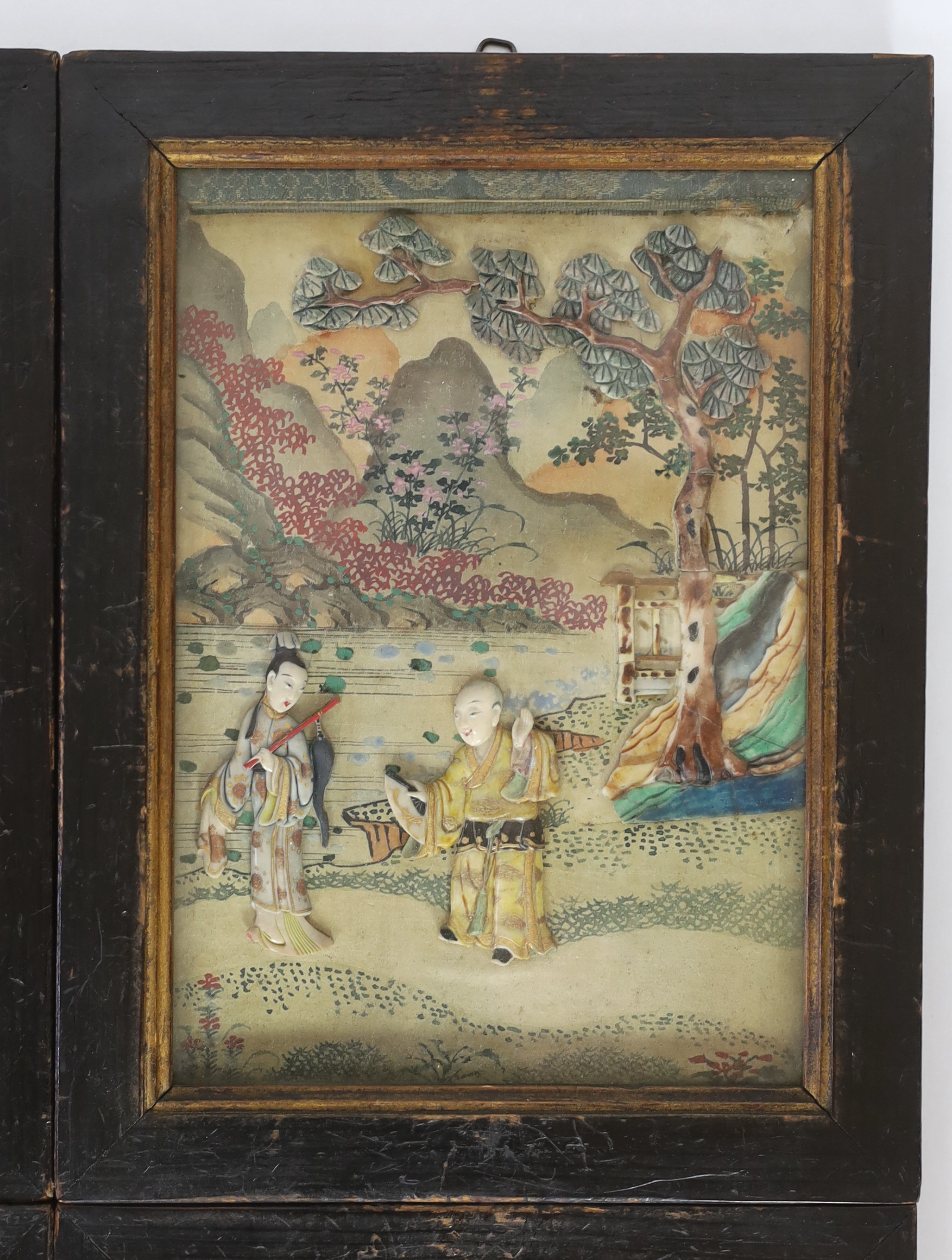 A rare set of four Chinese polychrome soapstone appliqué work painted silk pictures, 18th century